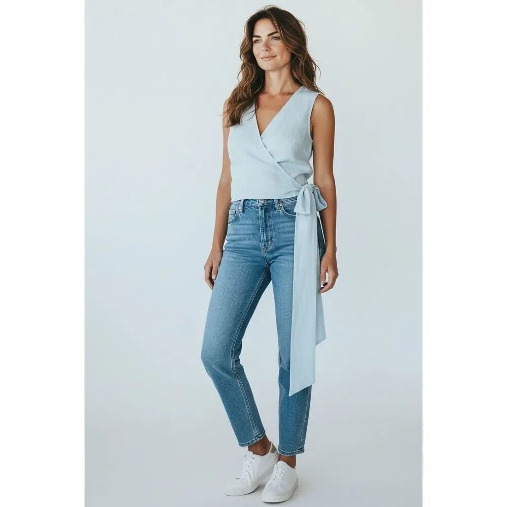 Forte Forte Chic 100% Linen Canvas Crossed Top in Aqua Blue NWT Size II Medium